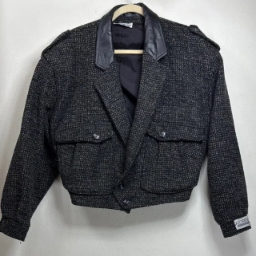 (P2)Florenzi vintage wool jacket with leather collar and shoulder pads, size L,W